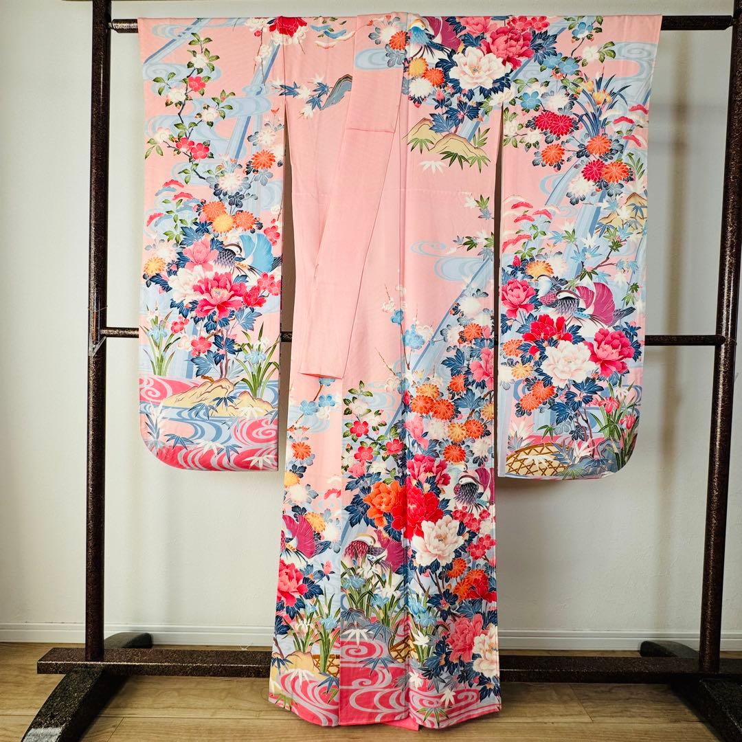 美品　現代　振袖　成人式　着物　正絹　164.5裄67 ピンク　水色　紅色　花柄