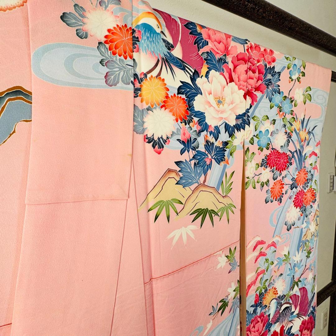美品　現代　振袖　成人式　着物　正絹　164.5裄67 ピンク　水色　紅色　花柄