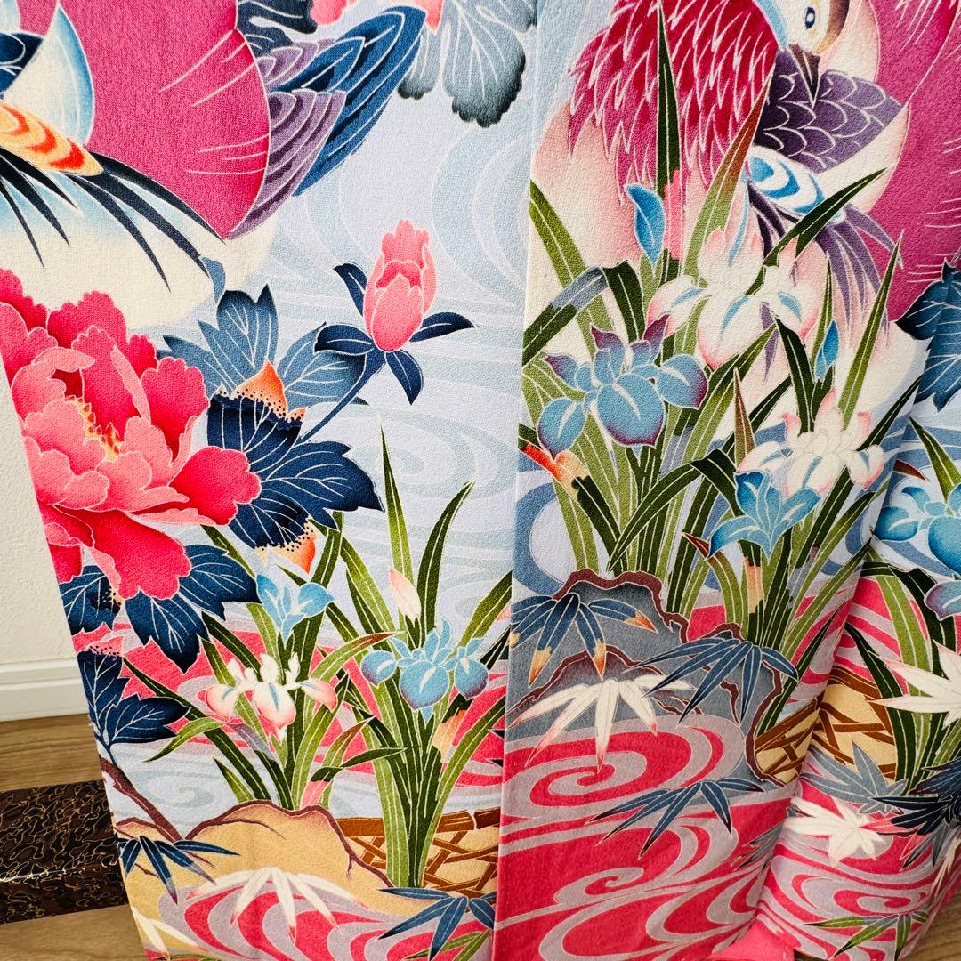 美品　現代　振袖　成人式　着物　正絹　164.5裄67 ピンク　水色　紅色　花柄