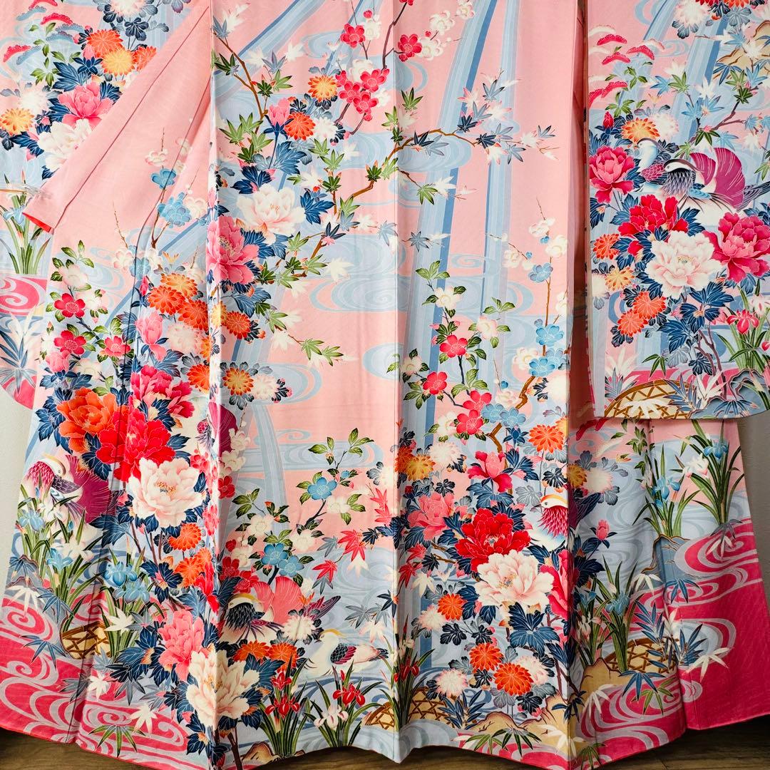 美品　現代　振袖　成人式　着物　正絹　164.5裄67 ピンク　水色　紅色　花柄