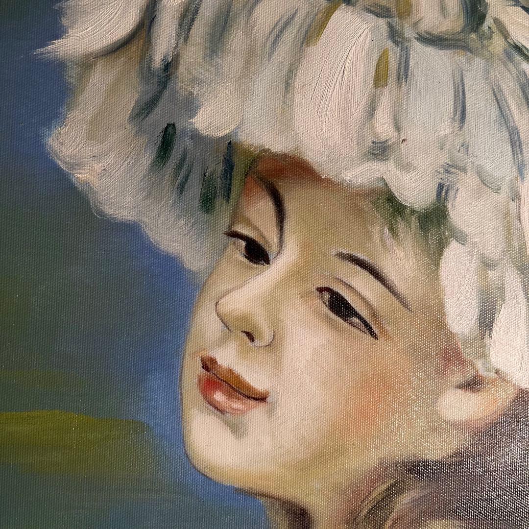 ★秀作★手書き油絵 ルノワール レース帽子の少女 額付 肉筆絵画 油彩画