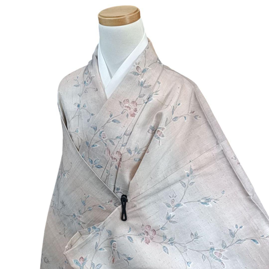 て*。様 ☆24 えっと 紬 単衣 ピンク 鳥 木々 花唐草