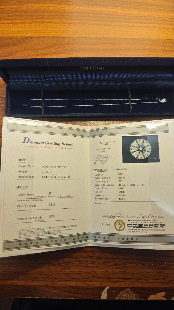 中央宝石研究所 鑑定書付 天然ダイヤネックレス 0.186ct F Pt900