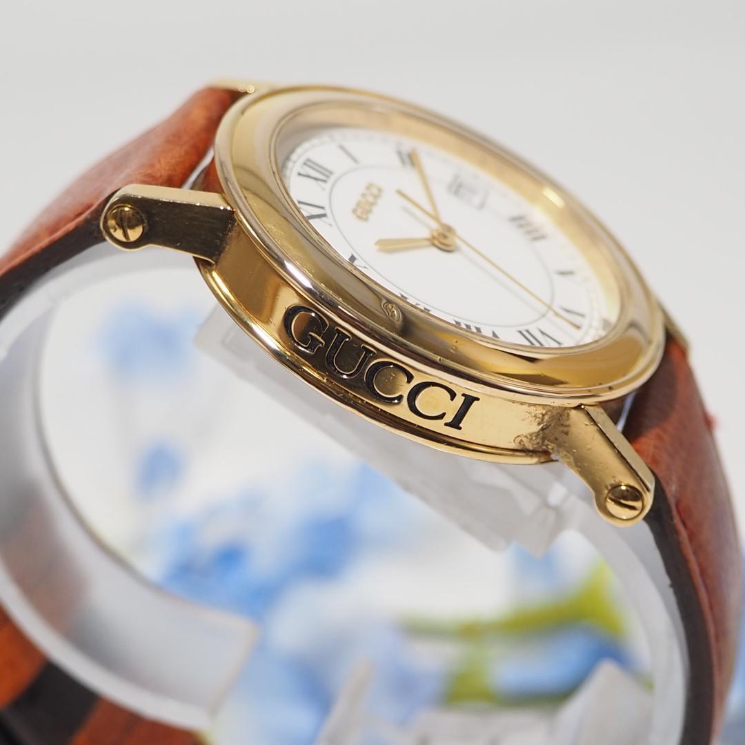 グッチ GUCCI ローマン デイト 革ベルト メンズ 腕時計 C830