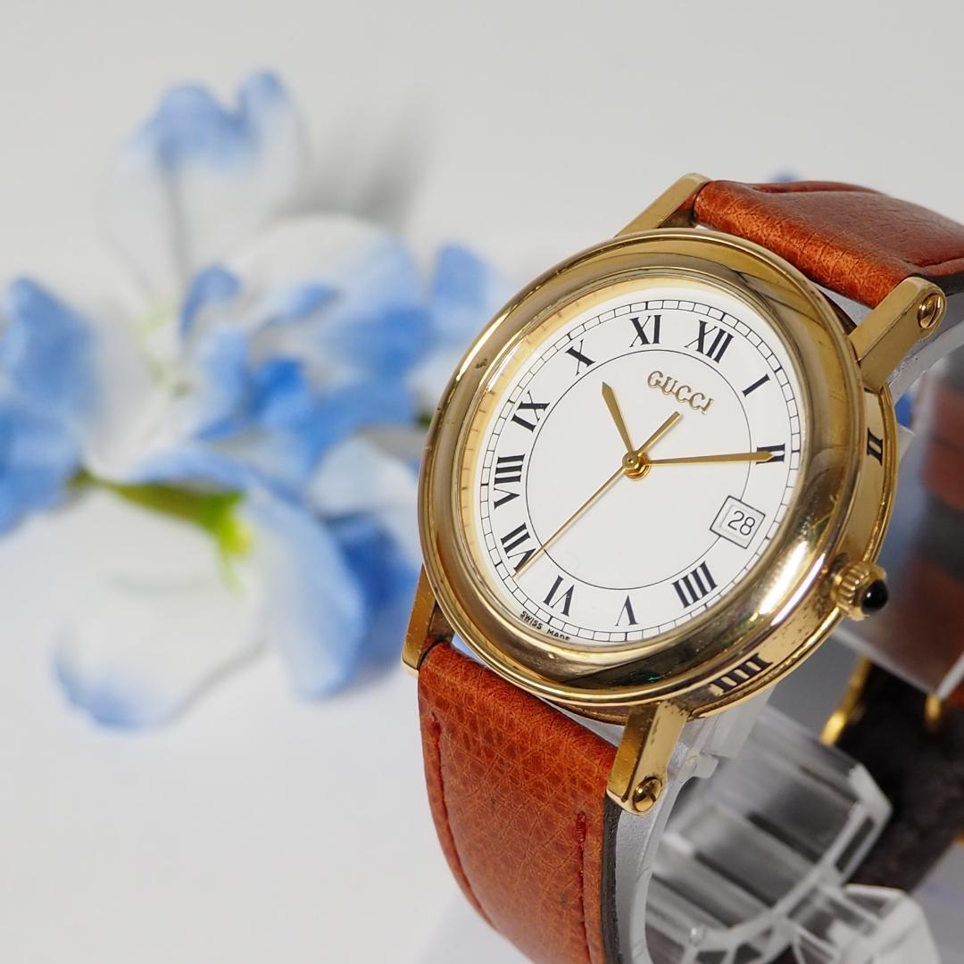 グッチ GUCCI ローマン デイト 革ベルト メンズ 腕時計 C830