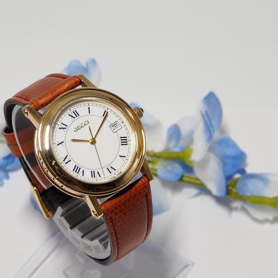 グッチ GUCCI ローマン デイト 革ベルト メンズ 腕時計 C830
