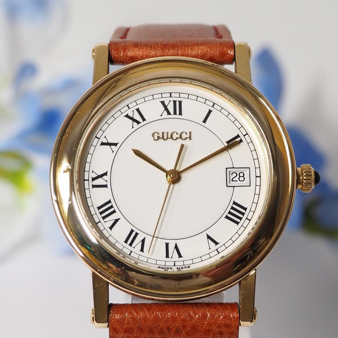 グッチ GUCCI ローマン デイト 革ベルト メンズ 腕時計 C830