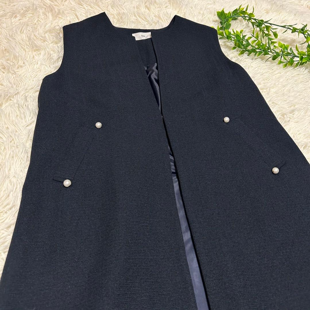 高級 Vin 手洗い可 ポイント　パール　ジレ ヤマダヤ　ネイビー　紺 着用感L