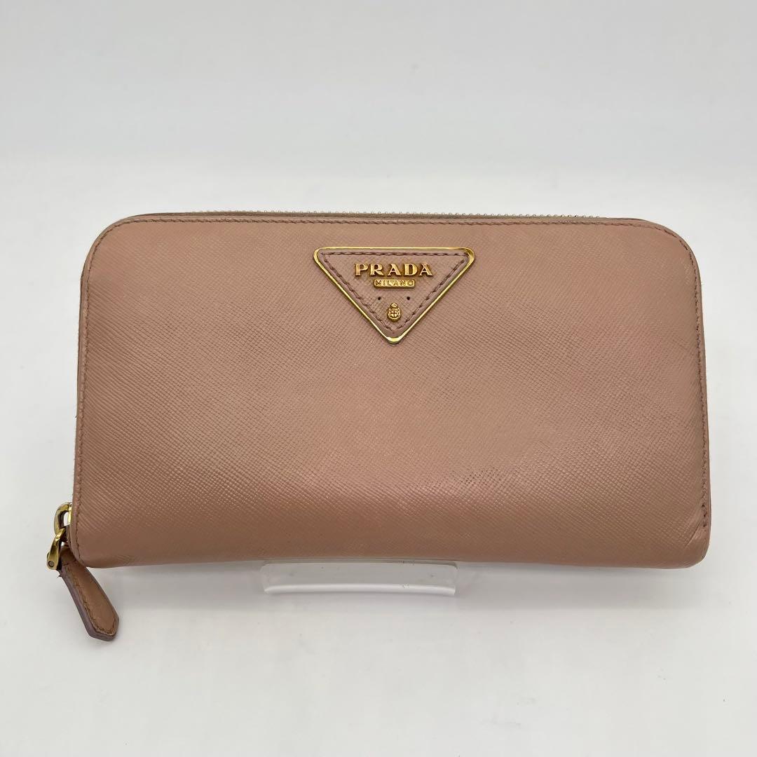 PRADA 長財布 ラウンドファスナー 三角ロゴ ゴールド金具 ピンクベージュ