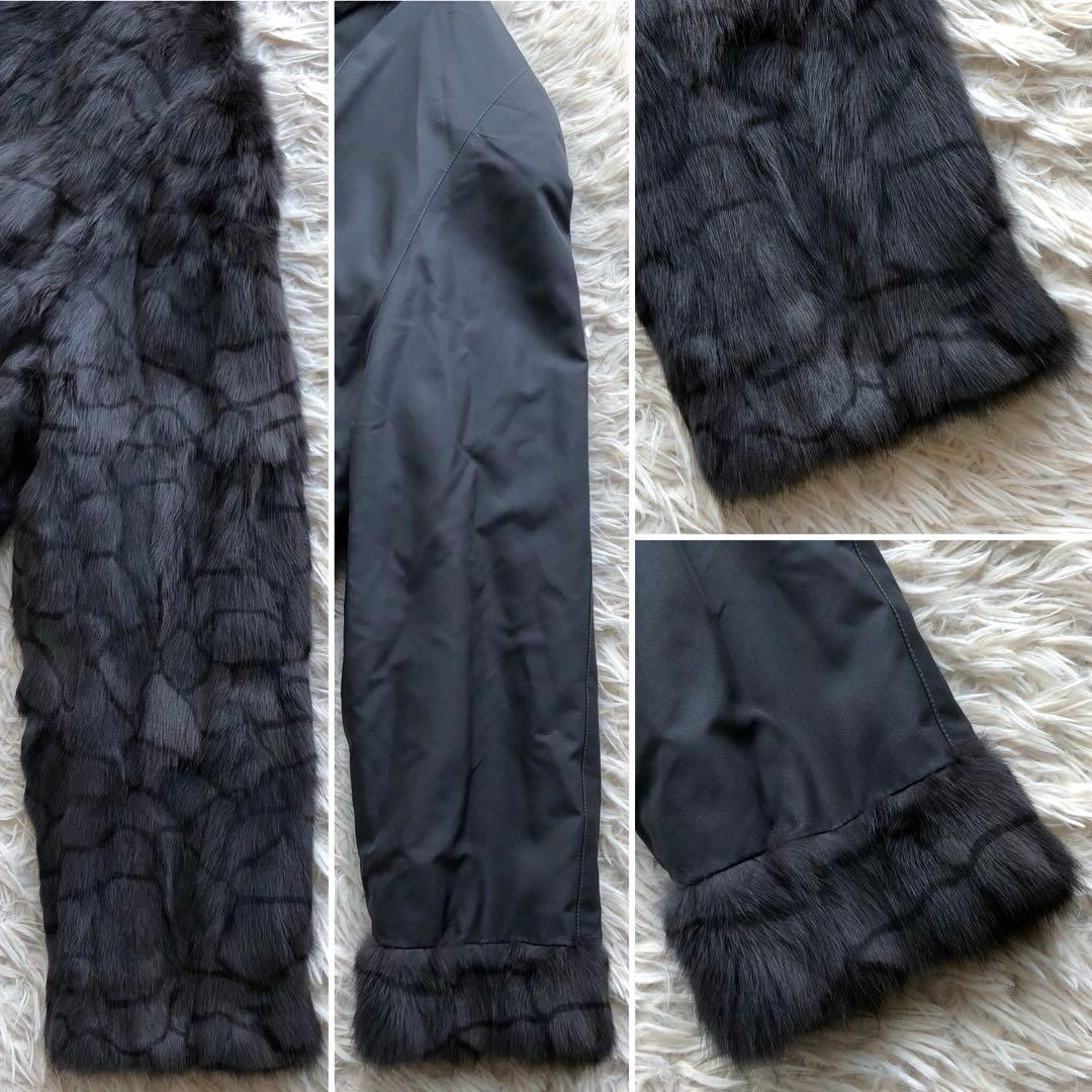 【超ロング】毛皮コート　ブルーパープル　ラビット　リバーシブル　シルク　総柄模様