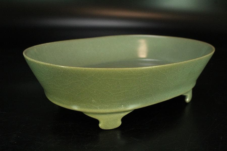 中国美術 青釉 楕円形 洗 碗 17.5cm(K-LC678)