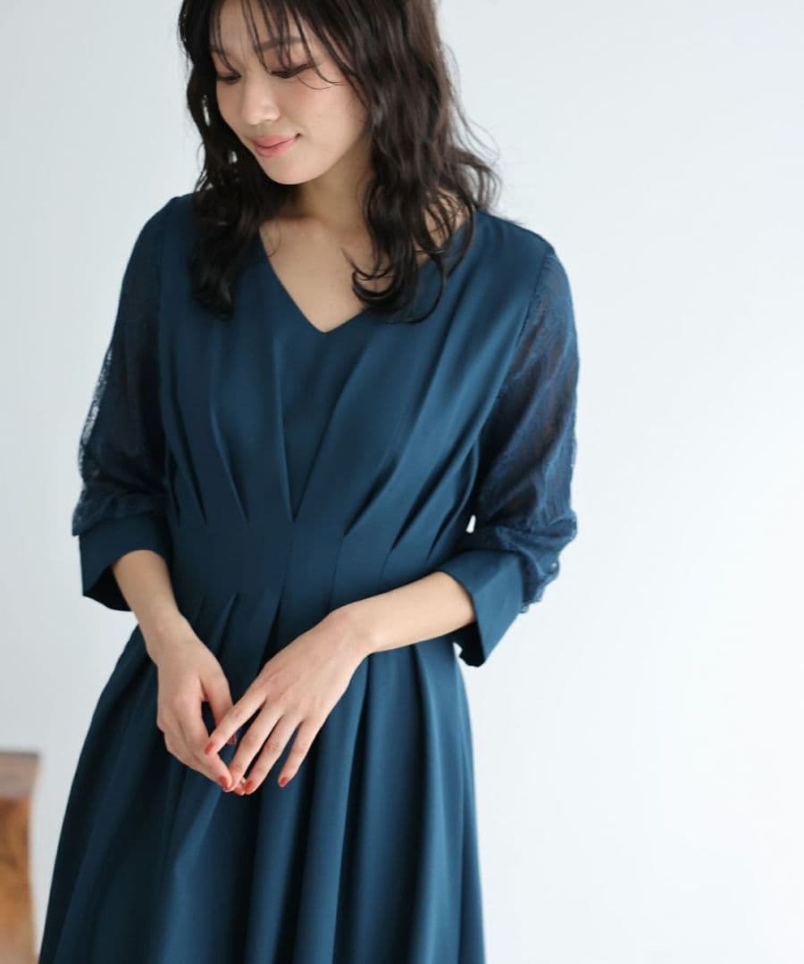 プールヴー／サイズ4L ウエストタックフレアドレス マキシ丈 ネイビー レース