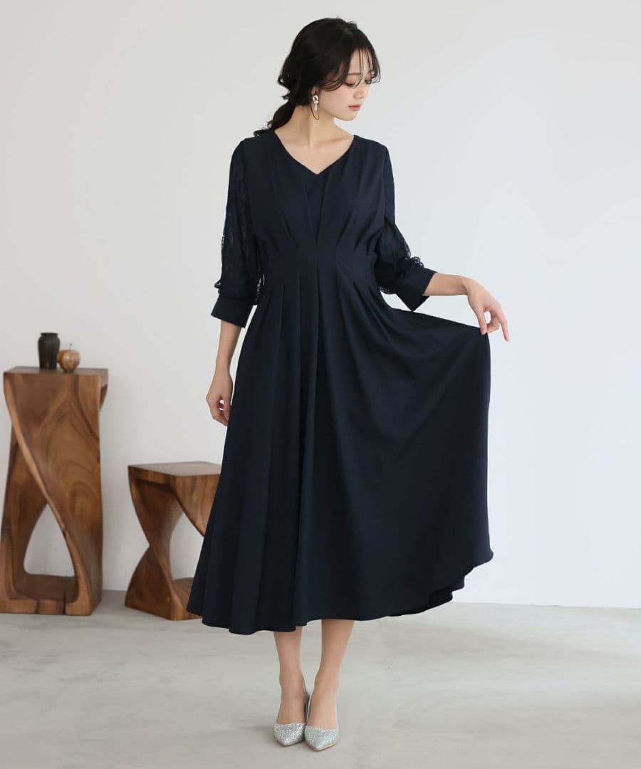 プールヴー／サイズ4L ウエストタックフレアドレス マキシ丈 ネイビー レース