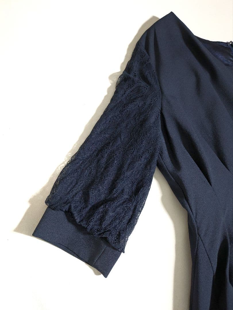 プールヴー／サイズ4L ウエストタックフレアドレス マキシ丈 ネイビー レース