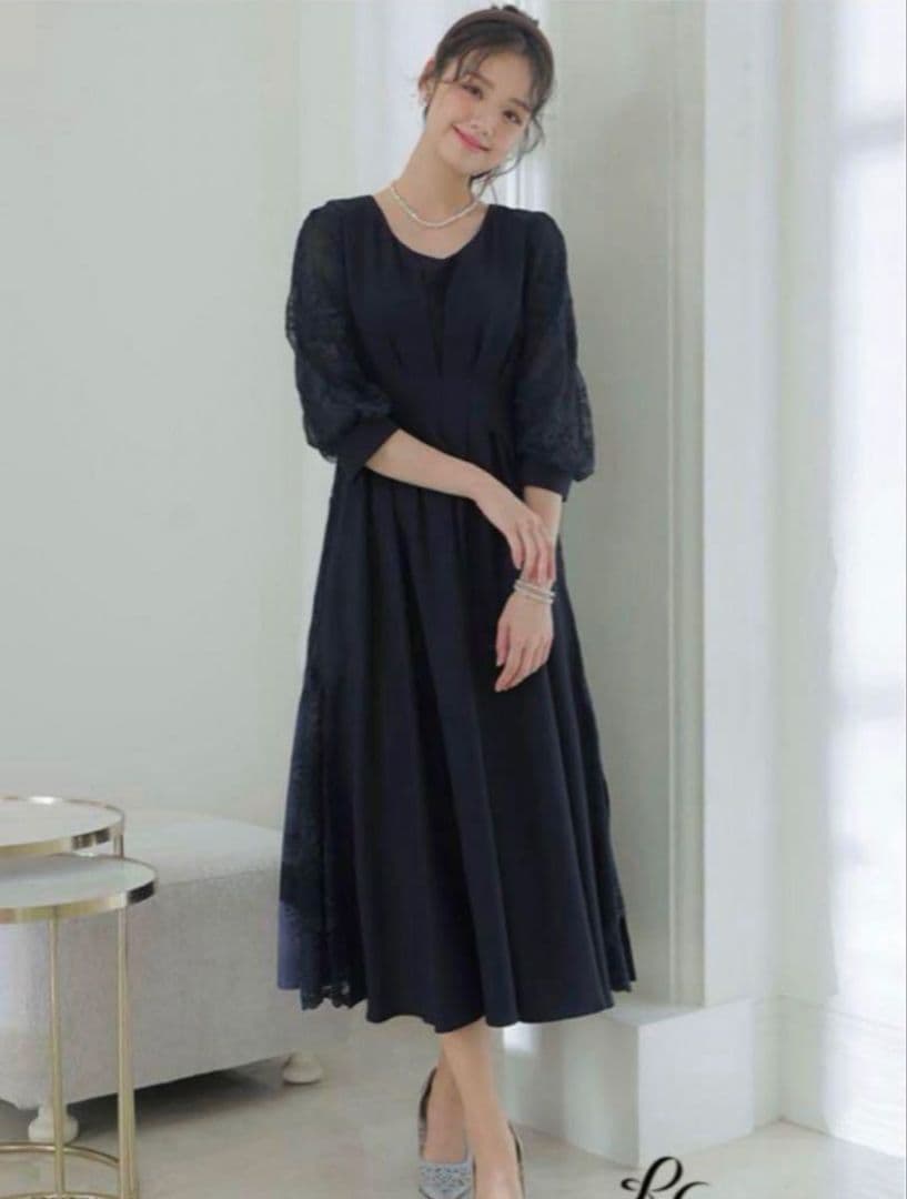 プールヴー／サイズ4L ウエストタックフレアドレス マキシ丈 ネイビー レース