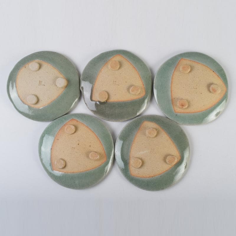 みゆ　天神窯　山田健吉作　青瓷絵　銘々皿　五客　共布共箱　C　9098