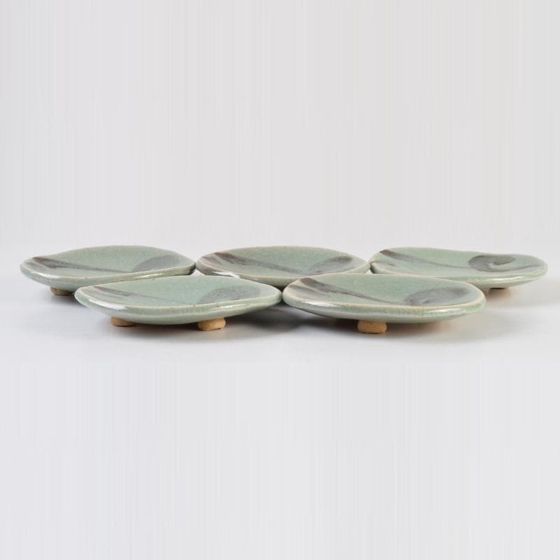 みゆ　天神窯　山田健吉作　青瓷絵　銘々皿　五客　共布共箱　C　9098