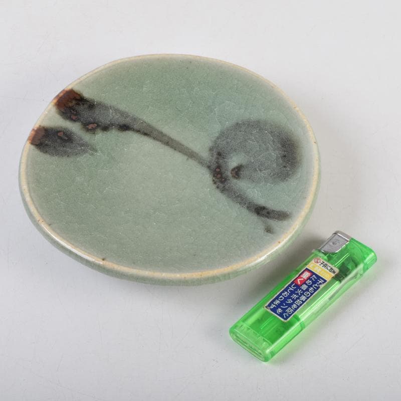 みゆ　天神窯　山田健吉作　青瓷絵　銘々皿　五客　共布共箱　C　9098