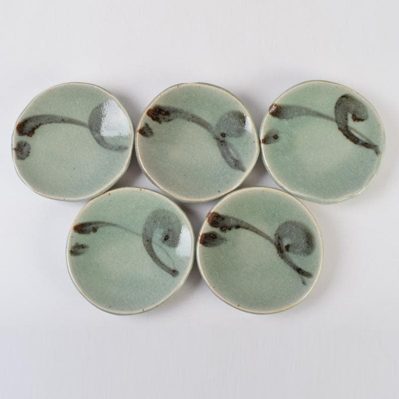 みゆ　天神窯　山田健吉作　青瓷絵　銘々皿　五客　共布共箱　C　9098