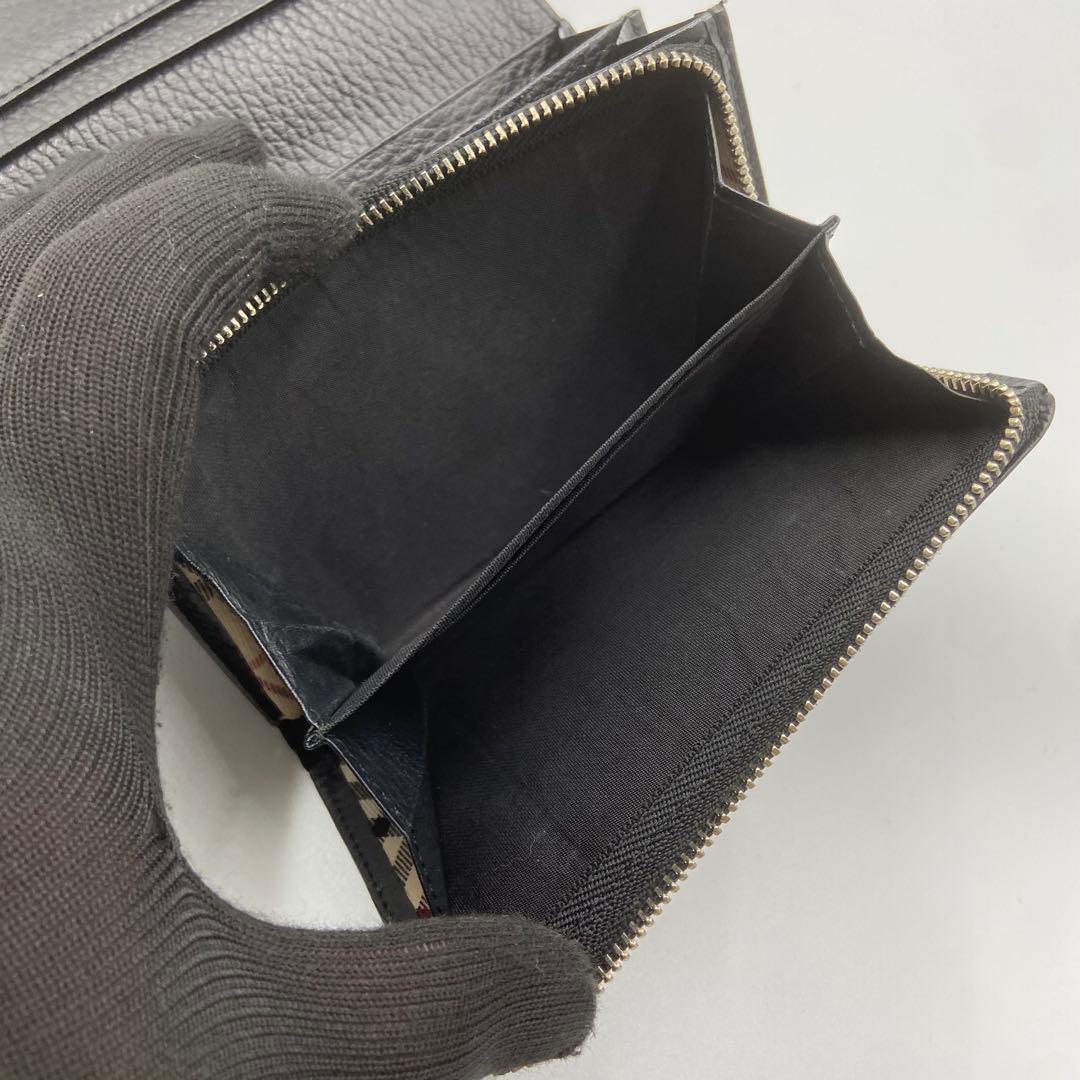 BURBERRY バーバリー　折り財布　ロゴ刻印　ノバチェック　レザー　ブラック