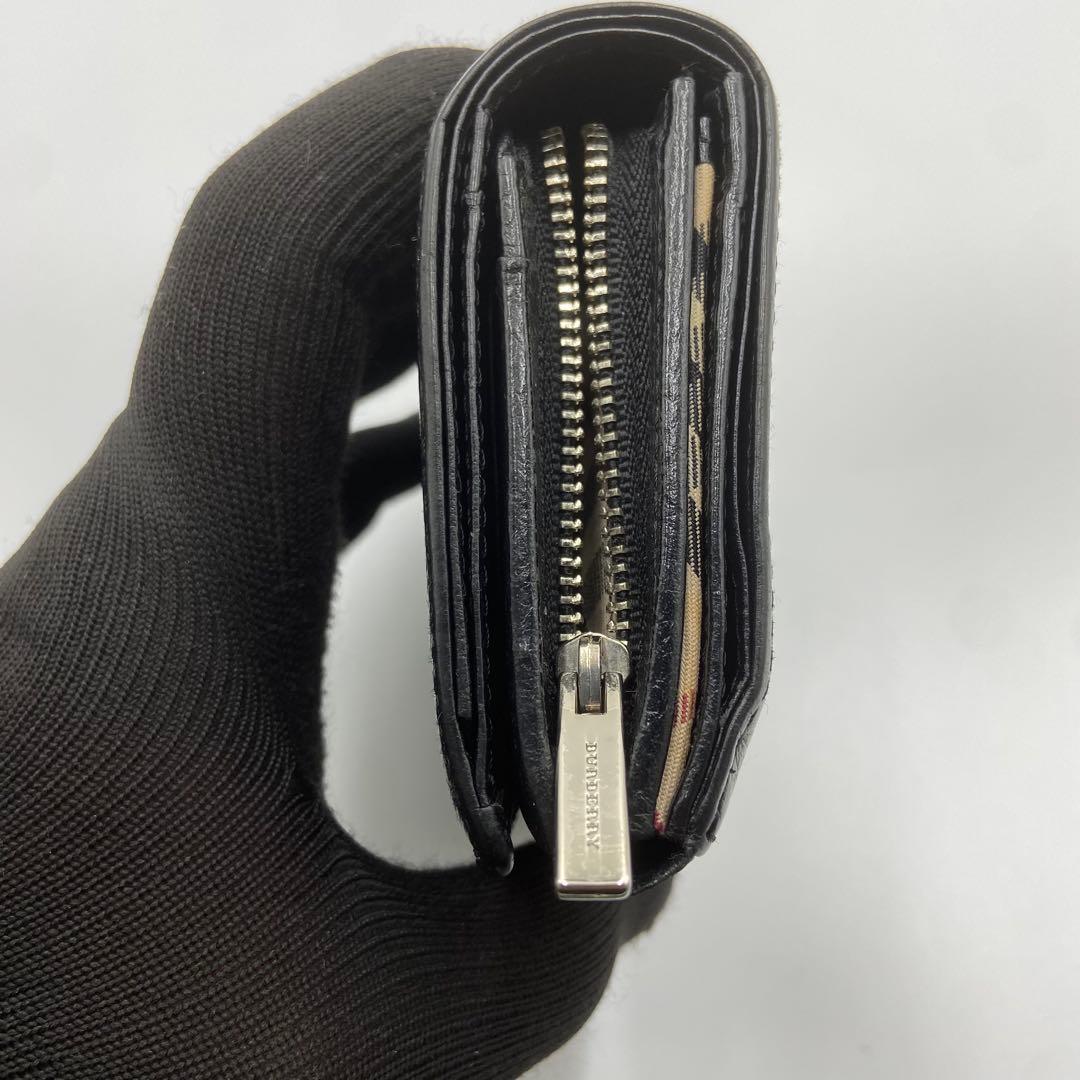 BURBERRY バーバリー　折り財布　ロゴ刻印　ノバチェック　レザー　ブラック