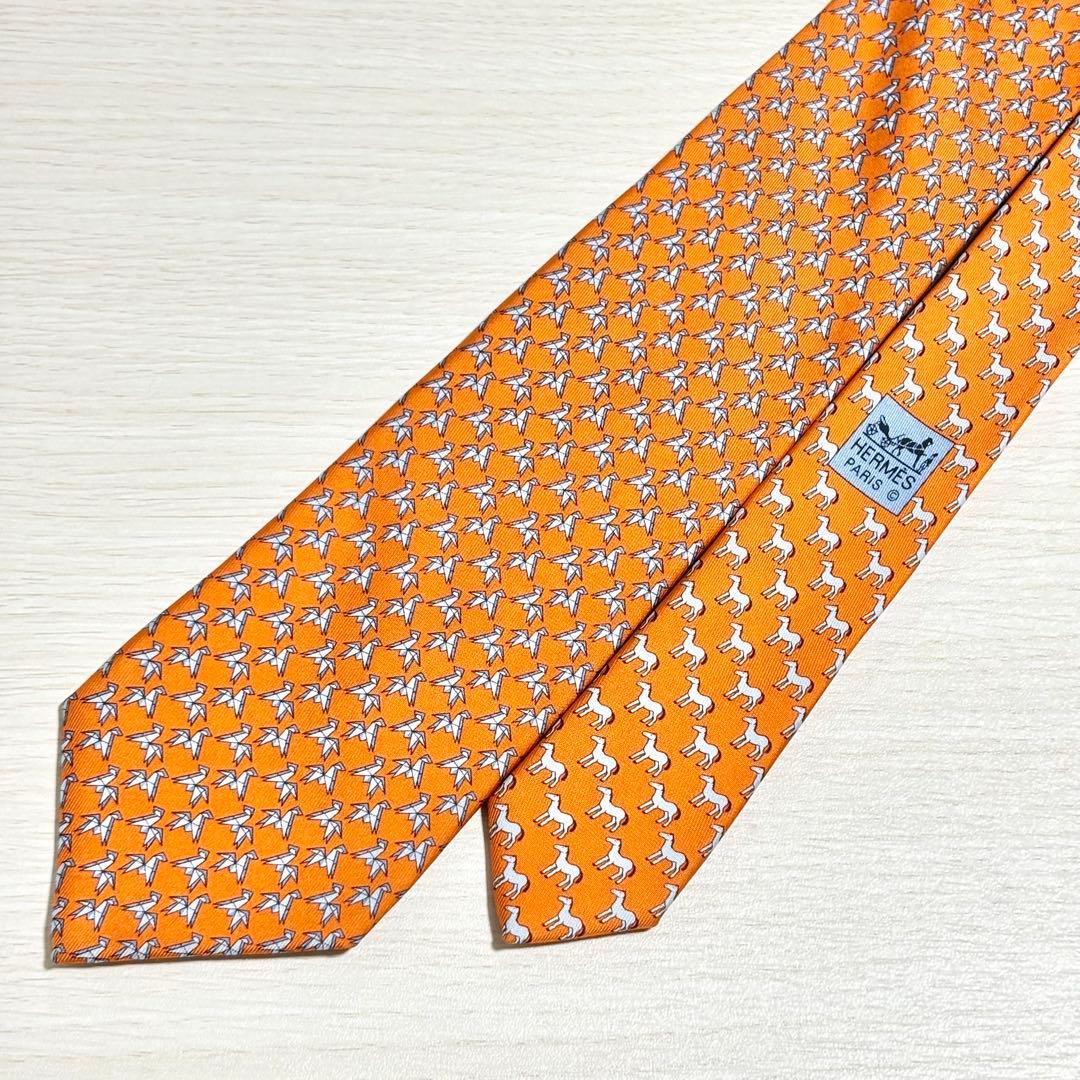 HERMES エルメス オレンジ かわいい 遊び心 折り紙 馬 シルク ネクタイ