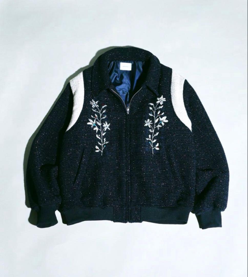 Camphor wood 花刺繍ラメツイードスタジャン　BLK Lサイズ