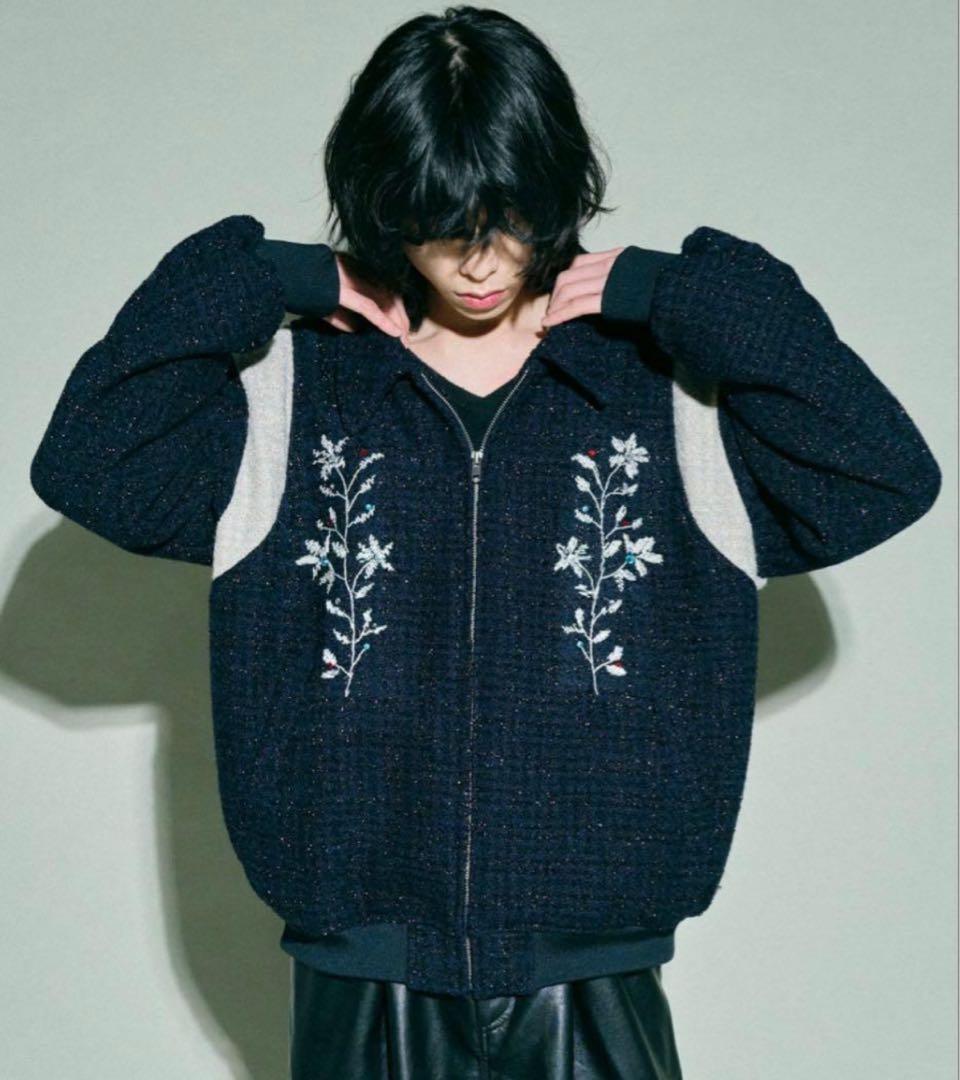 Camphor wood 花刺繍ラメツイードスタジャン　BLK Lサイズ