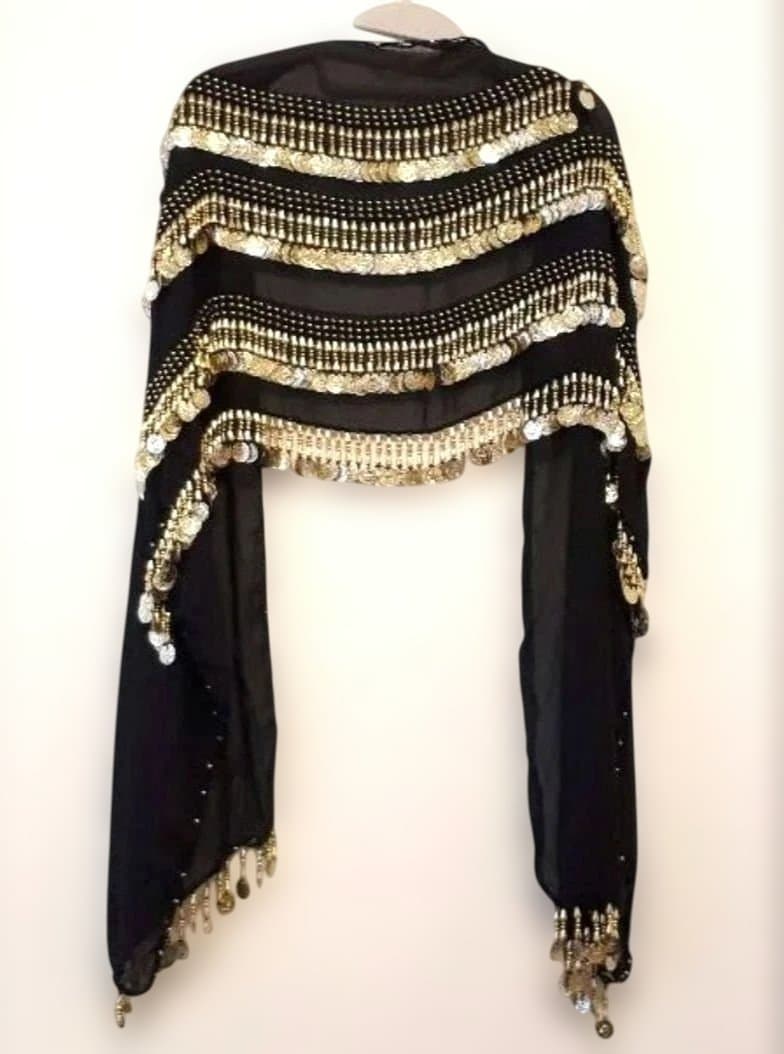 エジプト製 ベリーダンス用 ショール 黒×ゴールド装飾