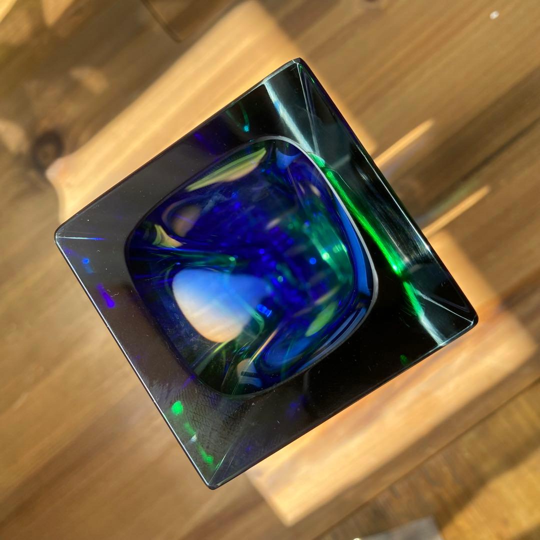 ソンメルソ　ムラーノ　青　緑　ムラノガラス　ベネチア　フラワーベース　四角