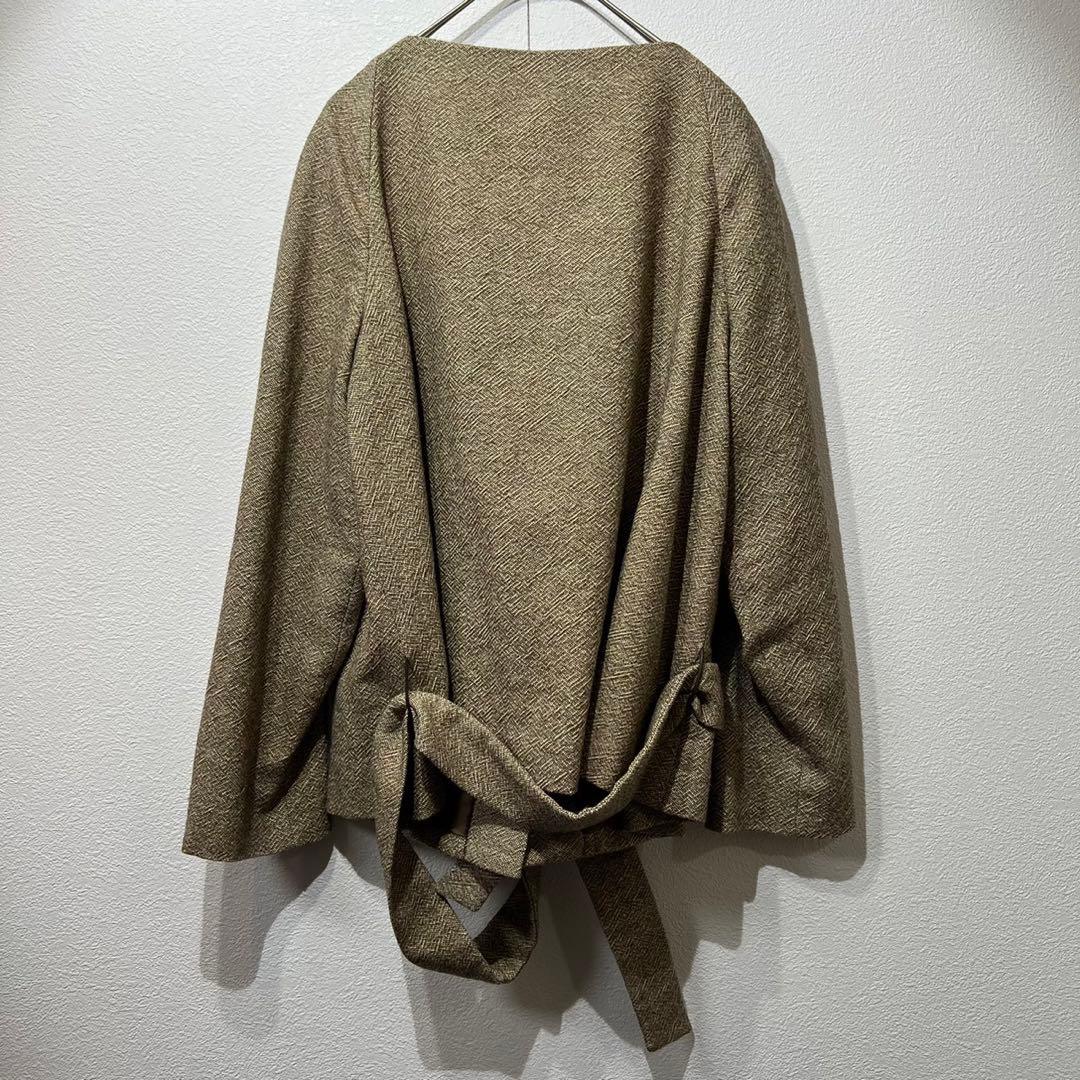希少 マルニ 上質 デザインツイードノーカラージャケット ウール リボンベルト