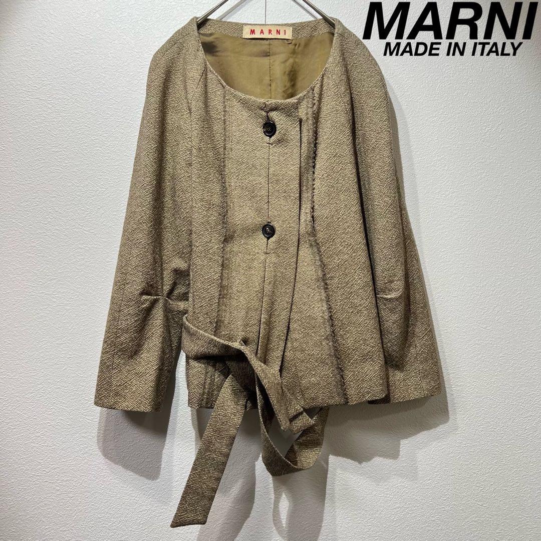希少 マルニ 上質 デザインツイードノーカラージャケット ウール リボンベルト