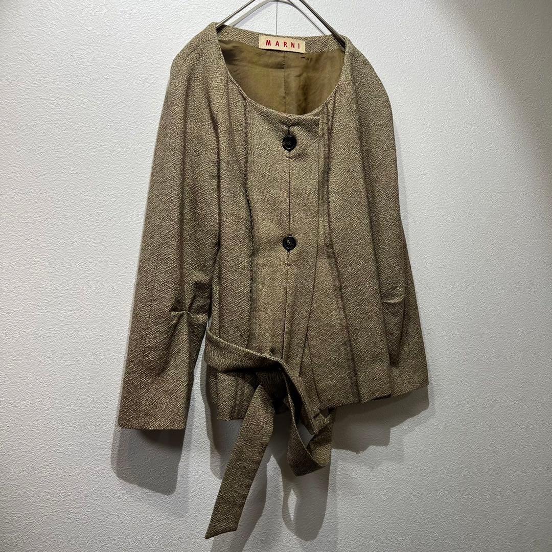 希少 マルニ 上質 デザインツイードノーカラージャケット ウール リボンベルト