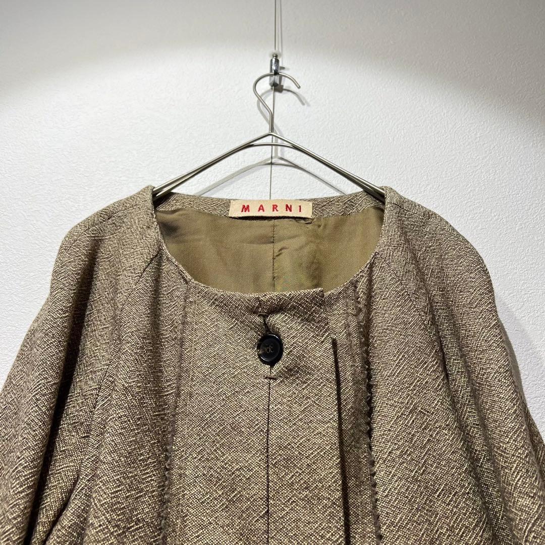 希少 マルニ 上質 デザインツイードノーカラージャケット ウール リボンベルト