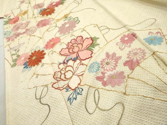 着物■豪華振袖　駒刺繍　総絞り　檜扇花文　金糸　正絹　逸品
