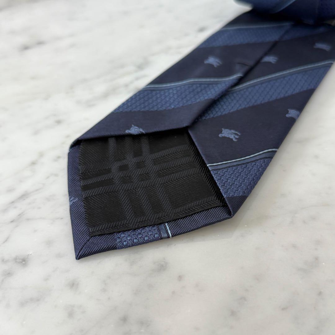 新品 未使用 BURBERRY バーバリー ネクタイ ネイビー ストライプ ロゴ