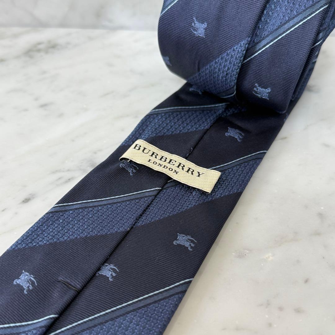 新品 未使用 BURBERRY バーバリー ネクタイ ネイビー ストライプ ロゴ