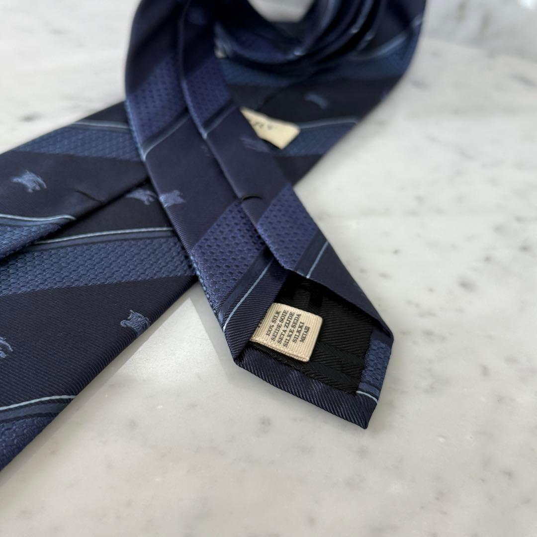 新品 未使用 BURBERRY バーバリー ネクタイ ネイビー ストライプ ロゴ