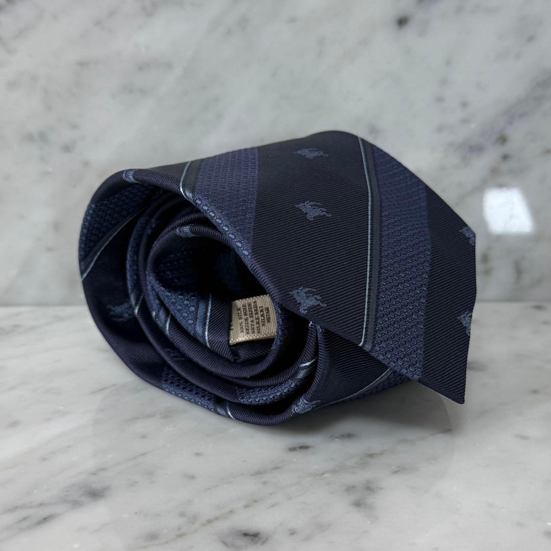 新品 未使用 BURBERRY バーバリー ネクタイ ネイビー ストライプ ロゴ
