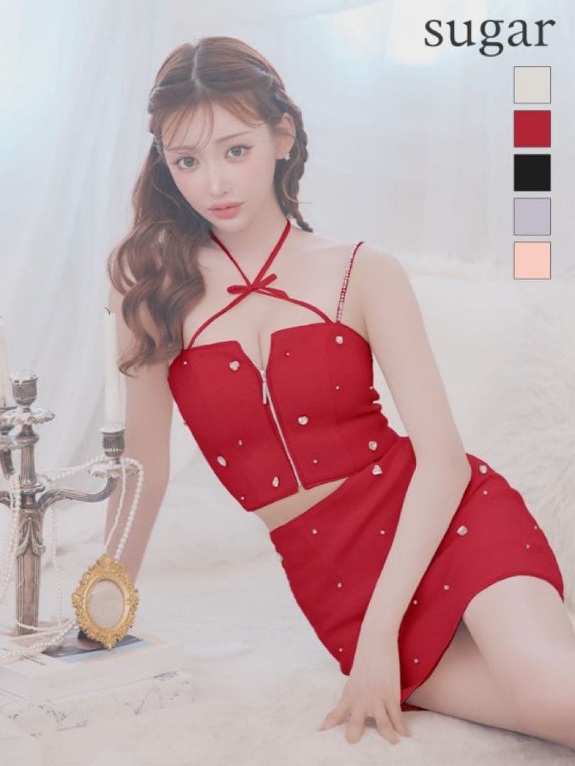 sugar 赤いビジュー付きクロップトップセット