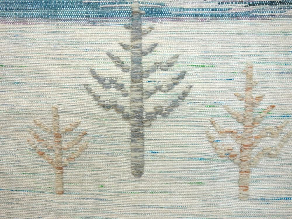 中古美品 北海道ユーカラ織八寸帯 エルム 風景模様 白 水色■N80127-26