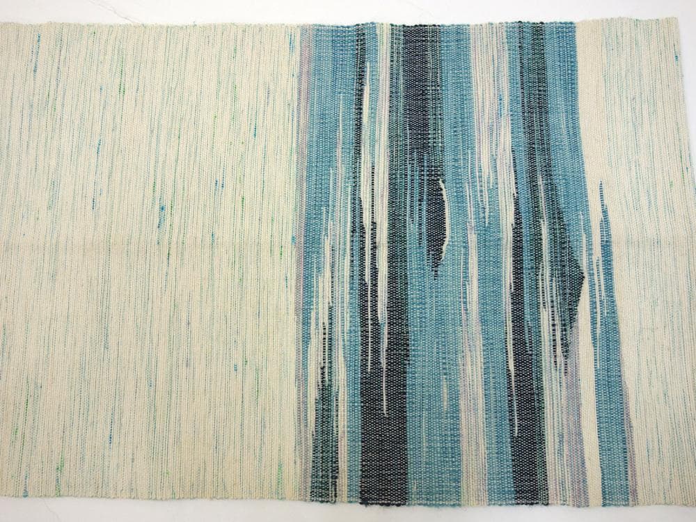 中古美品 北海道ユーカラ織八寸帯 エルム 風景模様 白 水色■N80127-26