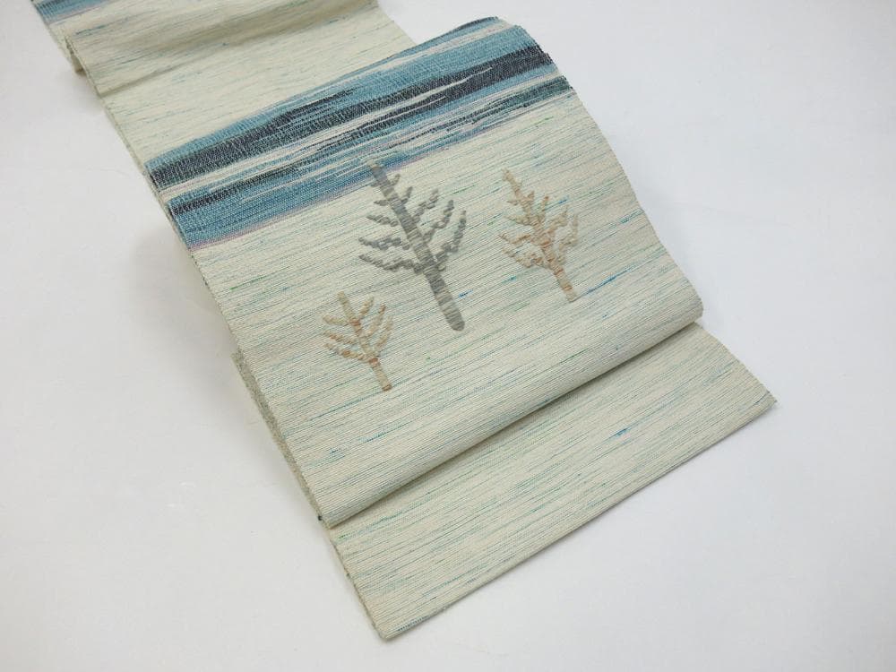 中古美品 北海道ユーカラ織八寸帯 エルム 風景模様 白 水色■N80127-26