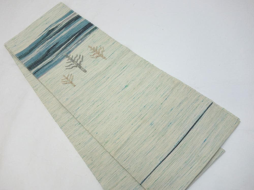 中古美品 北海道ユーカラ織八寸帯 エルム 風景模様 白 水色■N80127-26