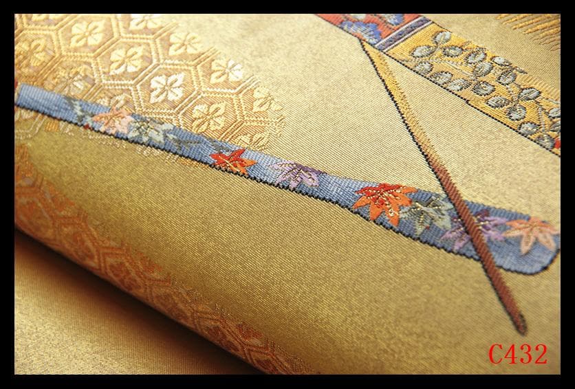 C432厳選西陣　金泥箔　本金箔　名品シリーズ櫛と笄　太鼓柄高級正絹美術袋帯