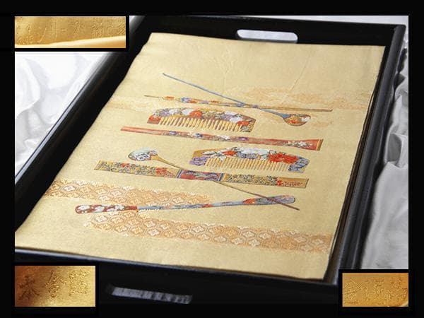 C432厳選西陣　金泥箔　本金箔　名品シリーズ櫛と笄　太鼓柄高級正絹美術袋帯