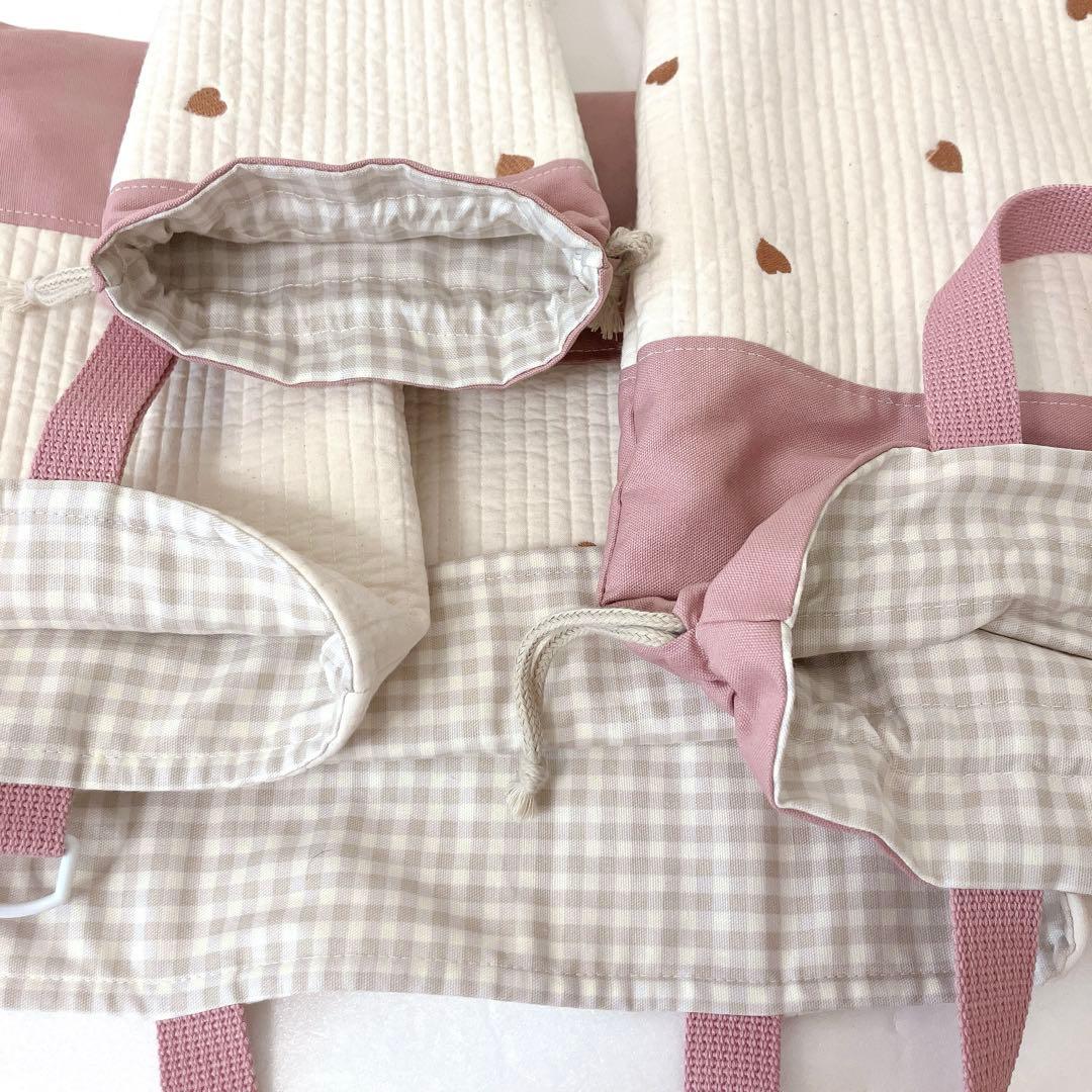 レッスンバッグ 上履き入れ　体操服袋　コップ袋ヌビ　ハート刺繍