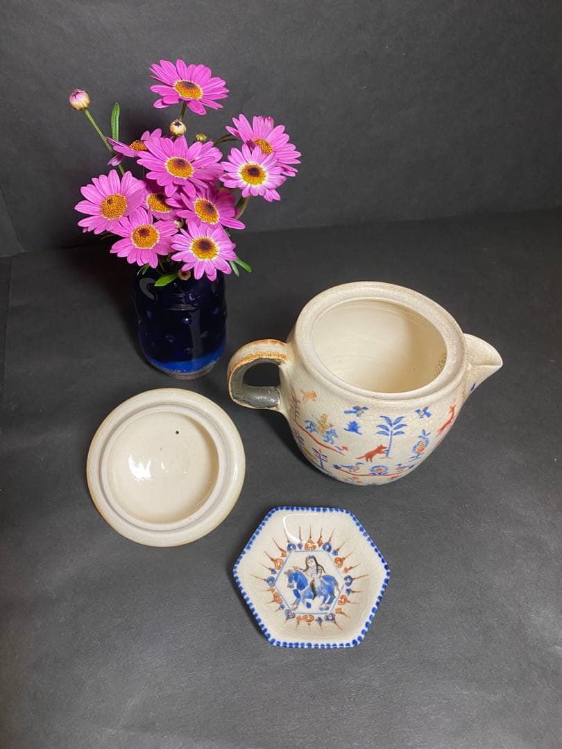 升たか 色絵百鹿紋 ポット小 ペルシャ柄小皿付