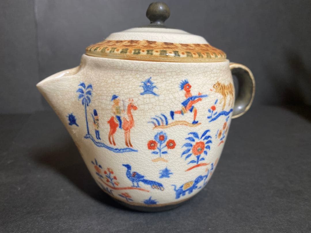 升たか 色絵百鹿紋 ポット小 ペルシャ柄小皿付