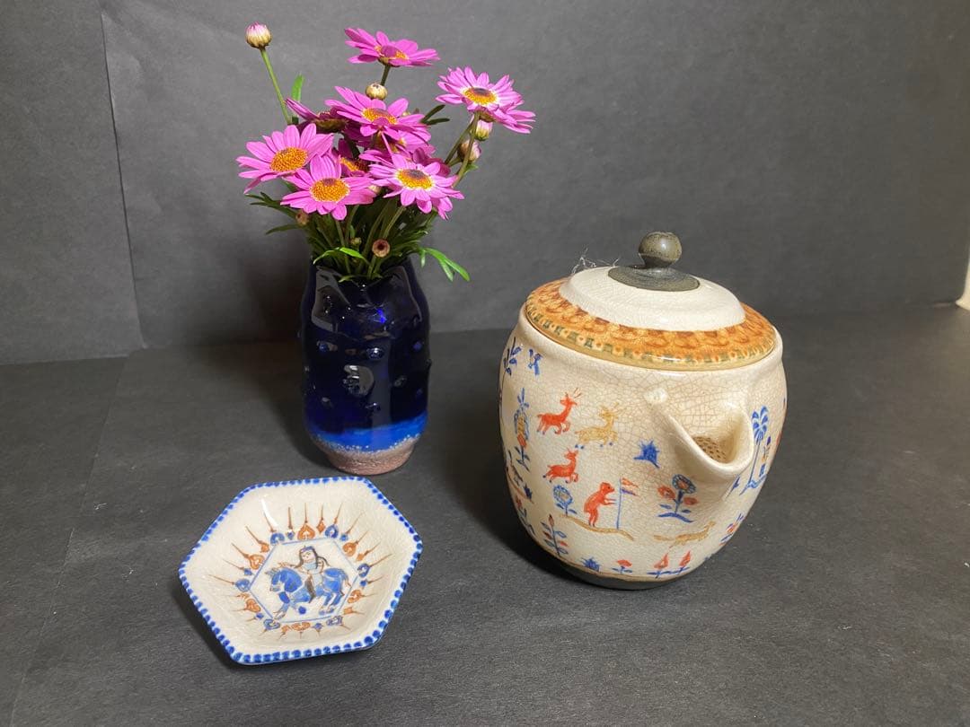 升たか 色絵百鹿紋 ポット小 ペルシャ柄小皿付